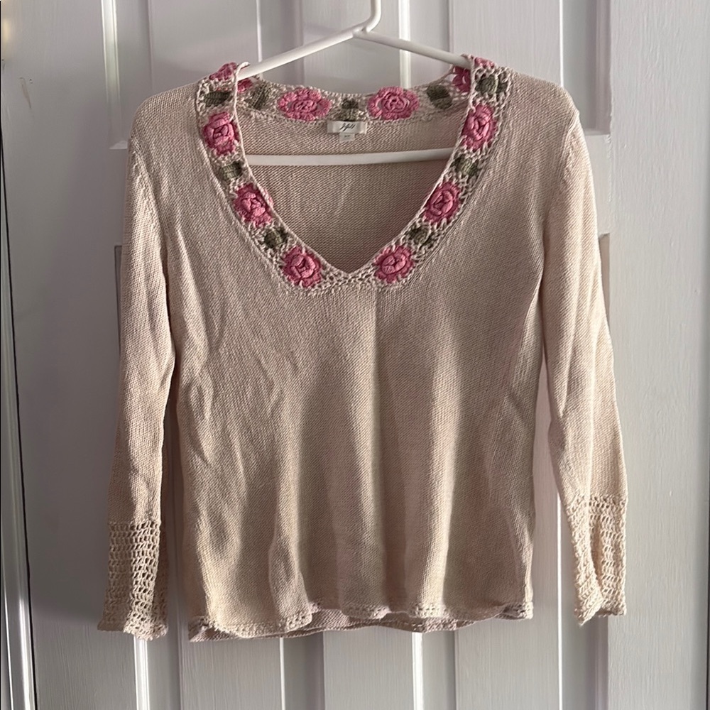 Vintage J Jill Pink Floral Embroidered Crocheted V Neck Sweater XS Petite